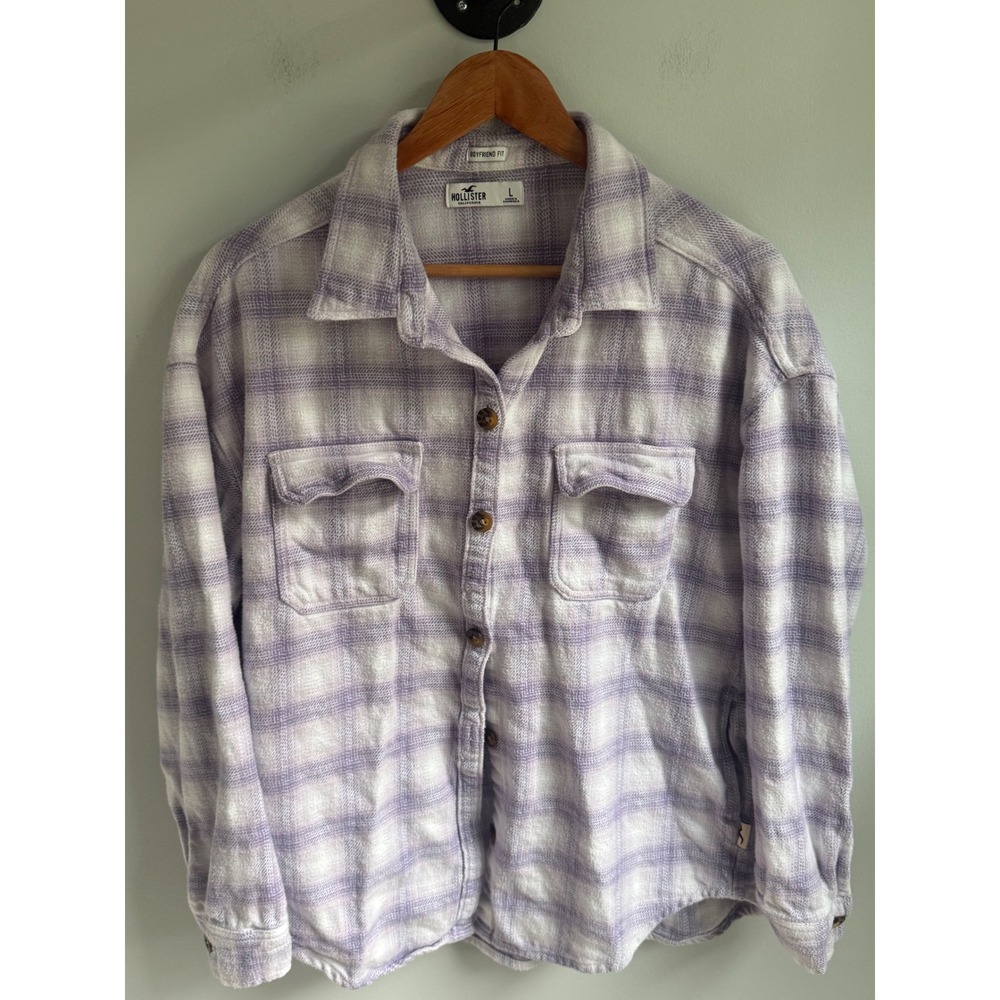 Hollister Purple White Plaid Flannel Shirt Boyfriend Fit Womens Large Button Up